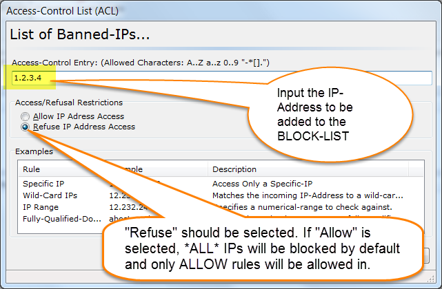 Enter the IP Address to be banned. Please note that the "Refuse IP Address Access" should be chosen. PLEASE NOTE: All rules should be added as a DENY rule ("-" minus) sign. Entering a ALLOW rule ("+" plus) will override the default rule of "+*.*.*.*" and turn IP/ACL into whitelist only, where all IPs are rejected unless an ALLOW rule is created.