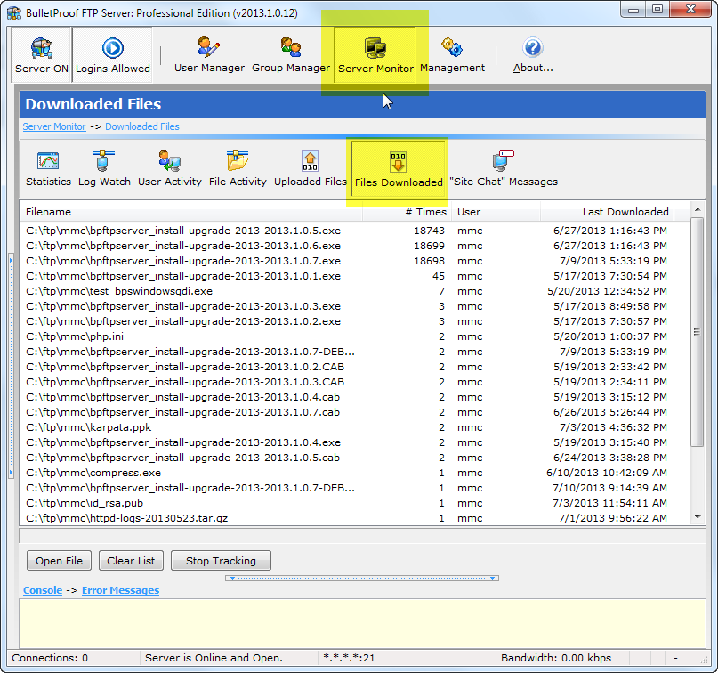 Server Monitor -> Files Downloaded/Uploaded
