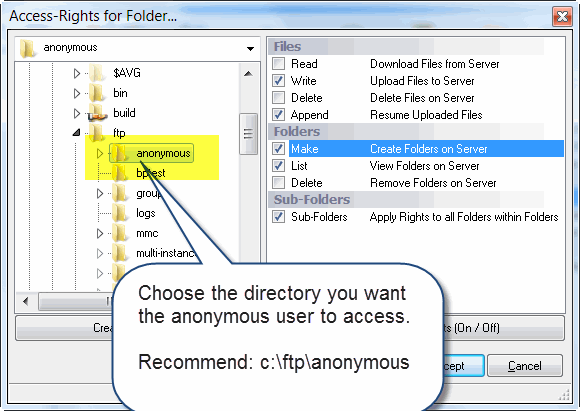 1) Choose the directory you want the anonymous user to access. Recommend: c:\ftp\anonymous 
