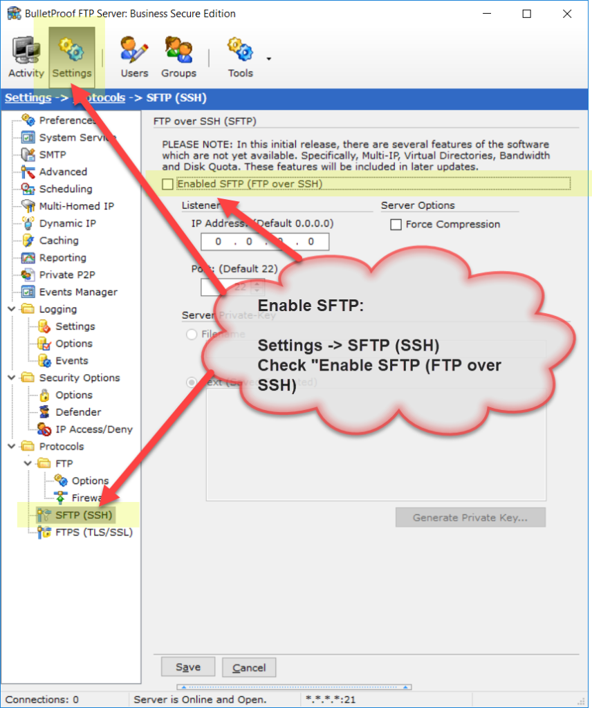 Enabled SFTP for the FTP Server